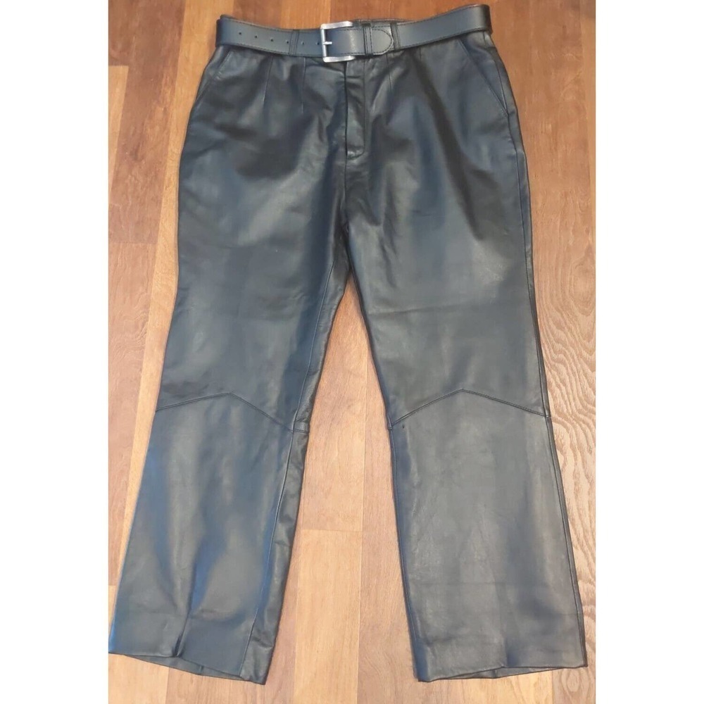 Excelled Black Leather Motorcycle Dress Pants Mens 34 x 27 Lined Belted  Hot